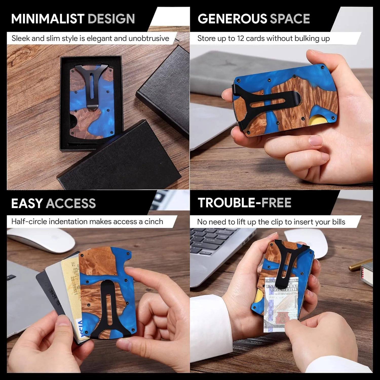 Wallet for Men, Minimalist Slim RFID Blocking Resin Wood Credit Card Holder with Money Clip, Easily Removable Cash&Card Metal Wallet,Resin River,Natuarl Walnut Wood,Unique Pattern,Gift for Men