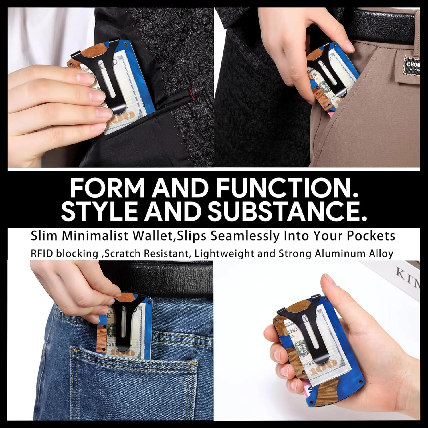 Wallet for Men, Minimalist Slim RFID Blocking Resin Wood Credit Card Holder with Money Clip, Easily Removable Cash&Card Metal Wallet,Resin River,Natuarl Walnut Wood,Unique Pattern,Gift for Men