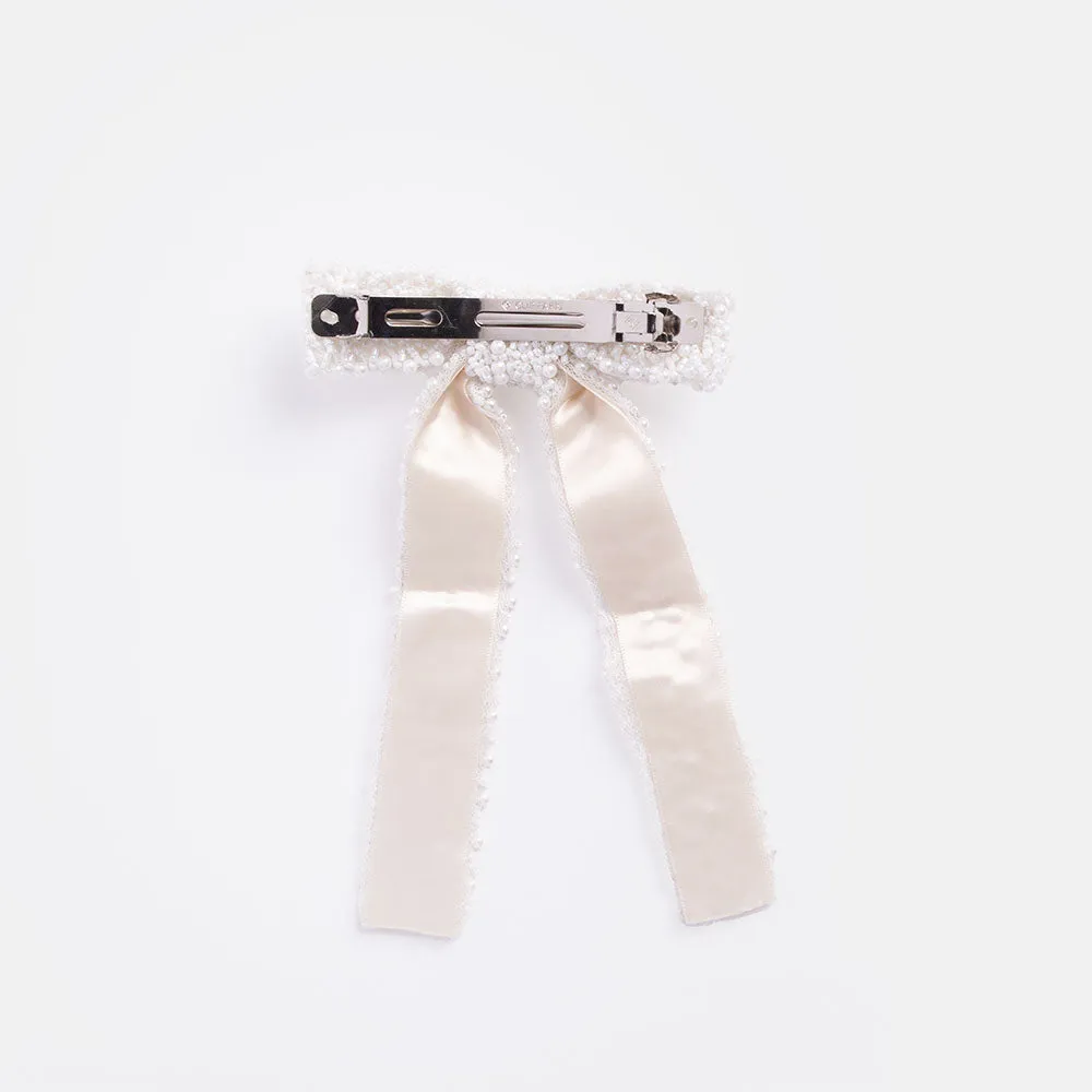 White Beads Bow Hair Clip