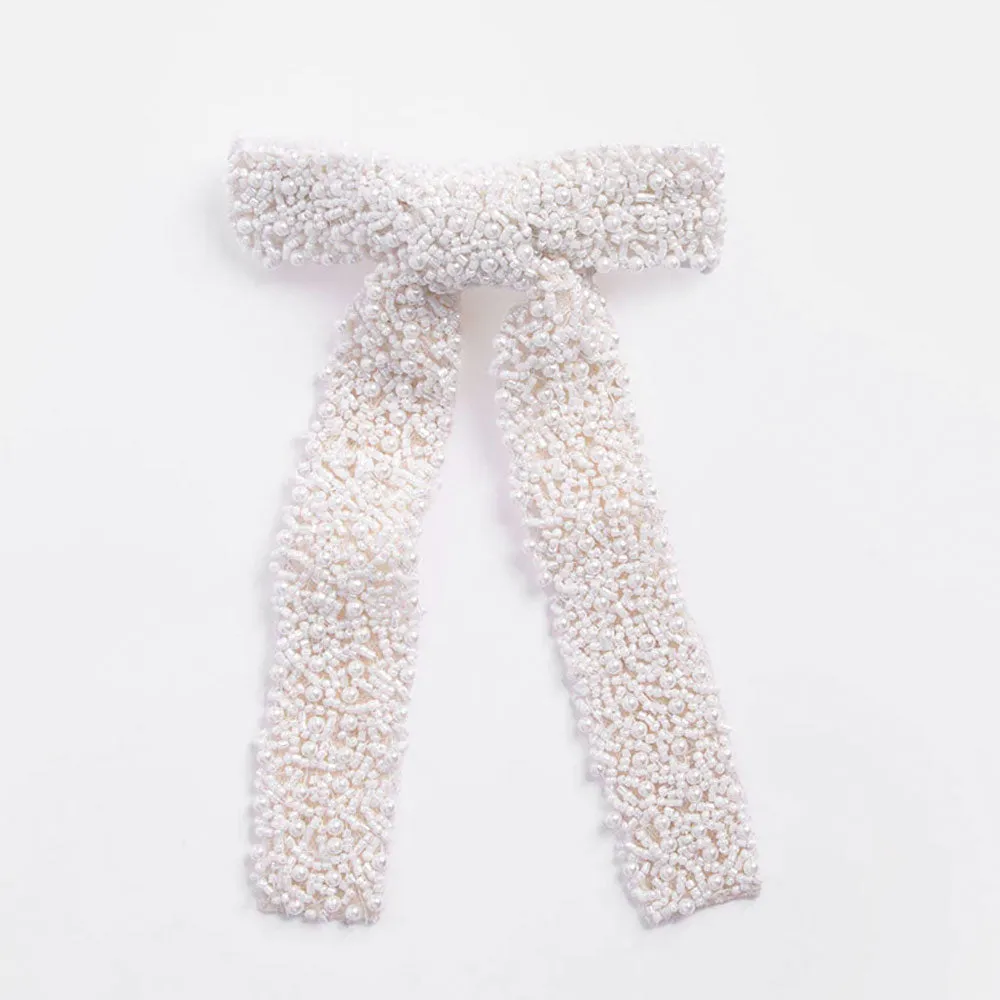 White Beads Bow Hair Clip