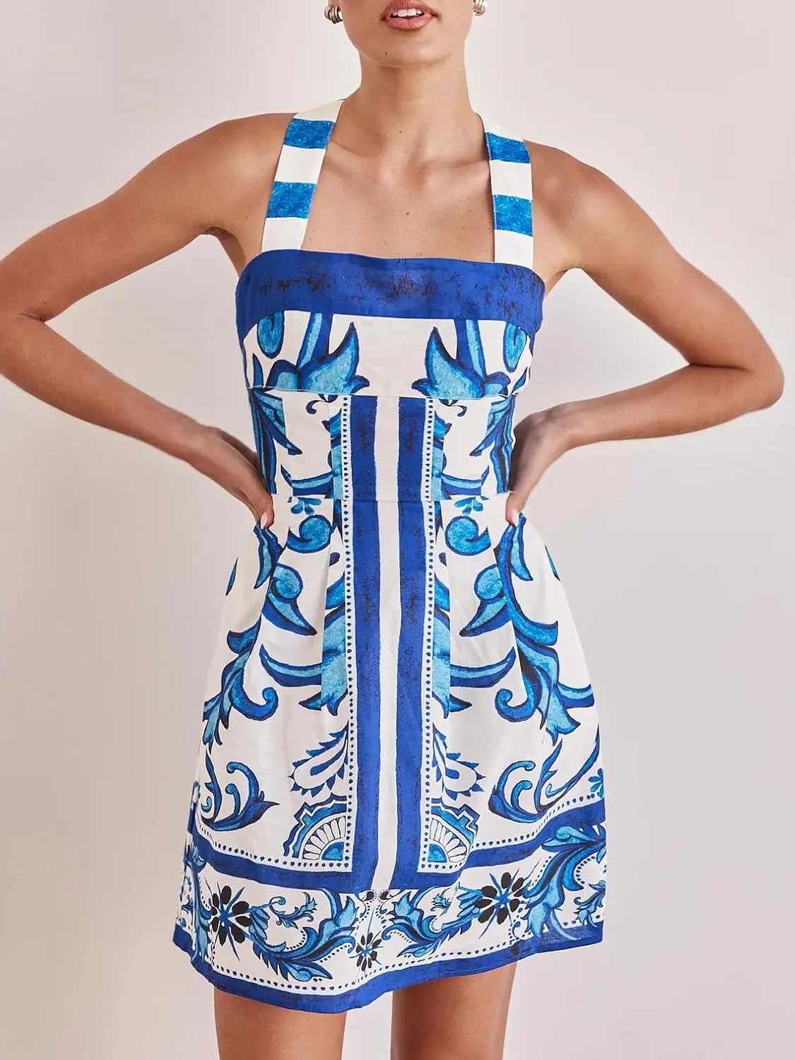 Women Boho Graphic Mini Dress Y2k Floral Spaghetti Strap Backless Short Dresses Flowy Seashell Sleeveless Beach Dress