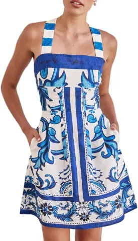 Women Boho Graphic Mini Dress Y2k Floral Spaghetti Strap Backless Short Dresses Flowy Seashell Sleeveless Beach Dress