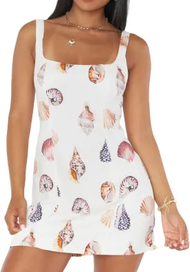 Women Boho Graphic Mini Dress Y2k Floral Spaghetti Strap Backless Short Dresses Flowy Seashell Sleeveless Beach Dress