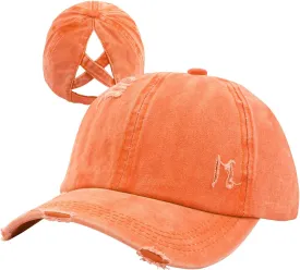 Women Distressed Ponytail Baseball Caps Adjustable Criss Cross Ponytail Hats High Messy Bun Ponycap Trucker Hat