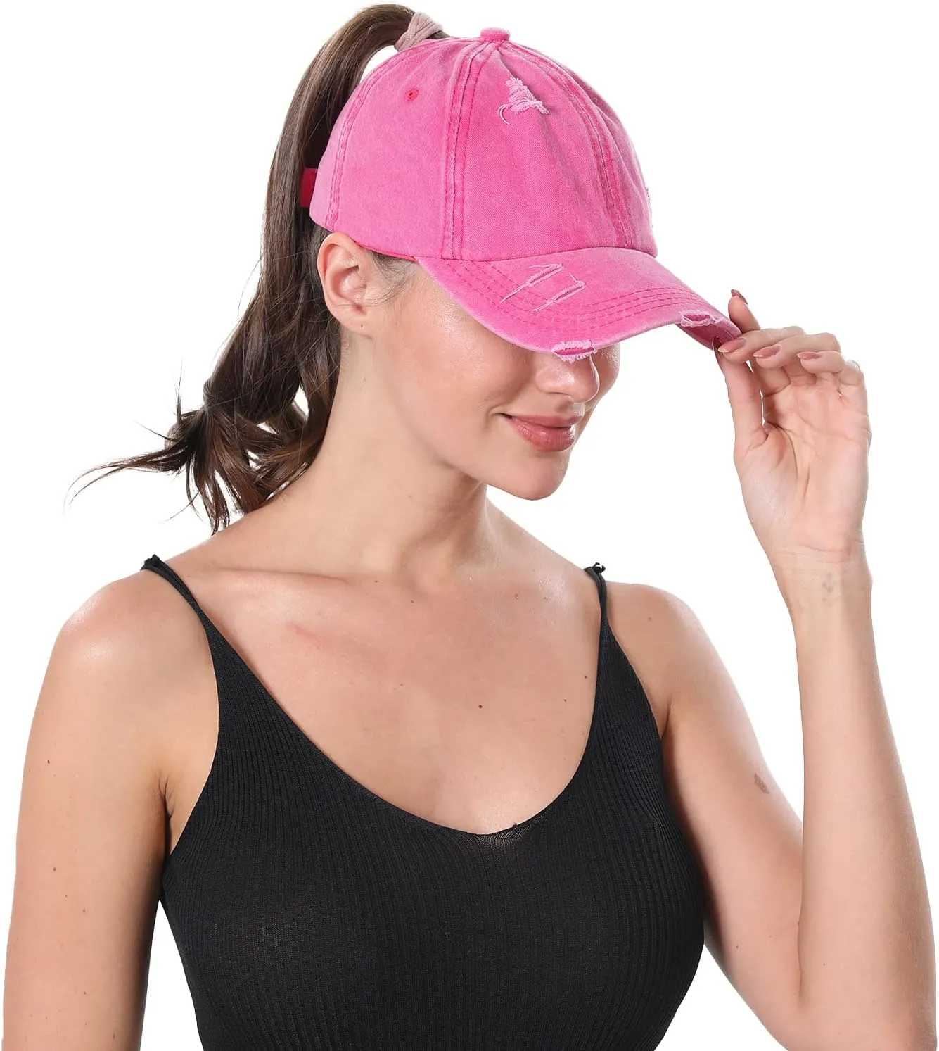 Women Distressed Ponytail Baseball Caps Adjustable Criss Cross Ponytail Hats High Messy Bun Ponycap Trucker Hat