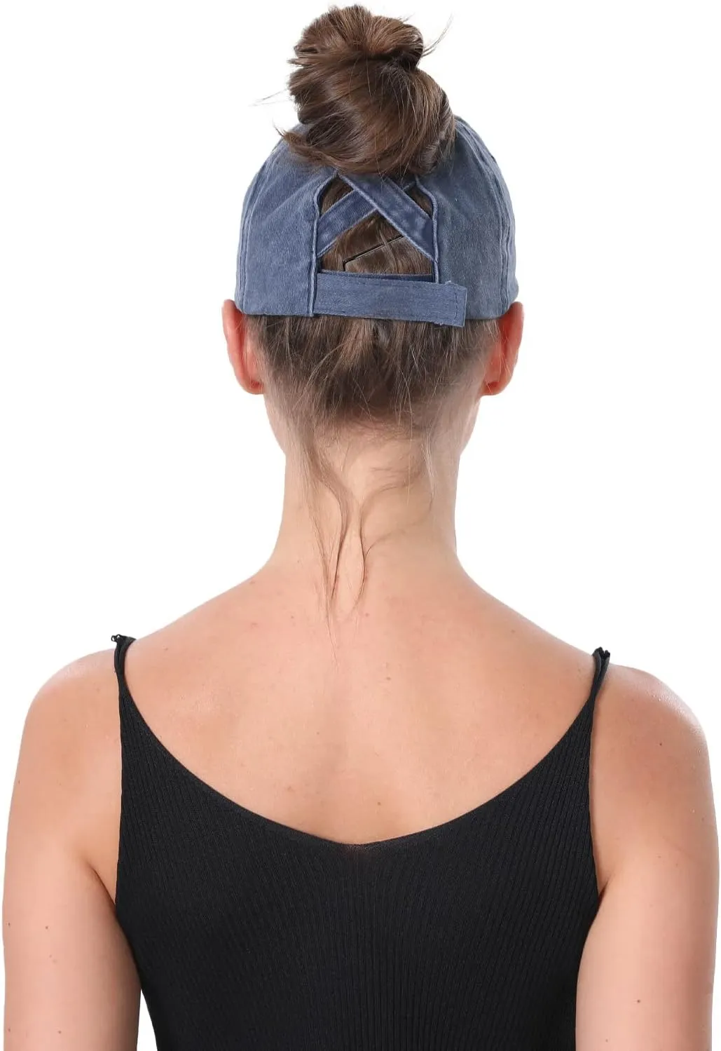Women Distressed Ponytail Baseball Caps Adjustable Criss Cross Ponytail Hats High Messy Bun Ponycap Trucker Hat