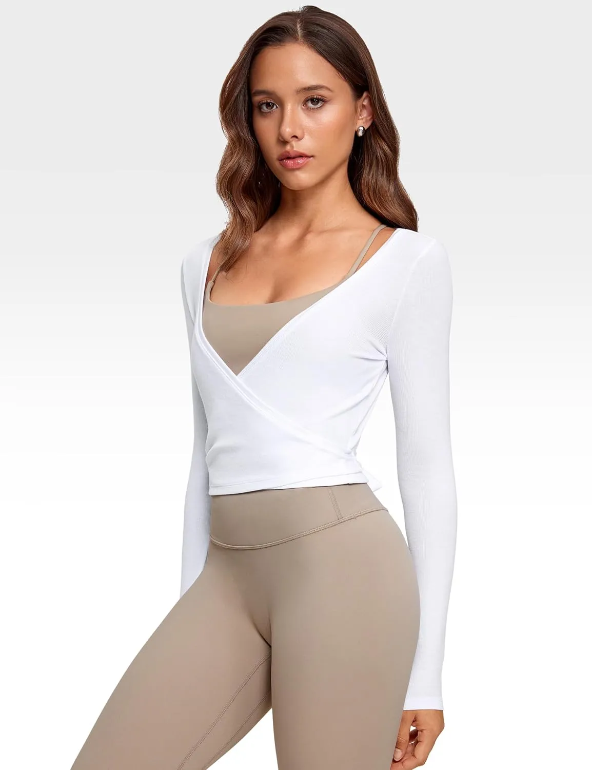 Womens V-Neck Long Sleeve Cross Wrap Top Slim Fit Soft Knit Layering Shirt Casual Yoga Gym Bandage Tie Tops
