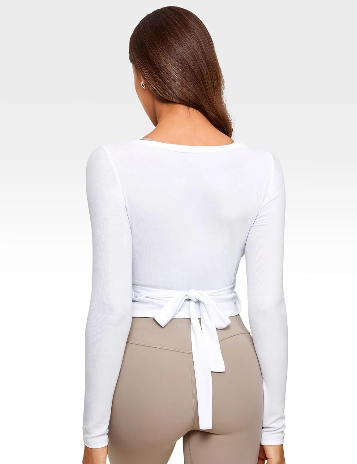 Womens V-Neck Long Sleeve Cross Wrap Top Slim Fit Soft Knit Layering Shirt Casual Yoga Gym Bandage Tie Tops