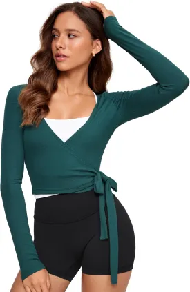 Womens V-Neck Long Sleeve Cross Wrap Top Slim Fit Soft Knit Layering Shirt Casual Yoga Gym Bandage Tie Tops