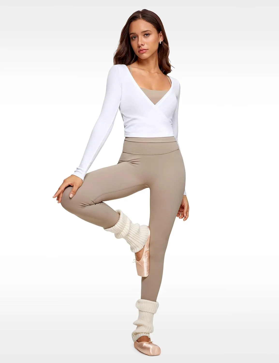 Womens V-Neck Long Sleeve Cross Wrap Top Slim Fit Soft Knit Layering Shirt Casual Yoga Gym Bandage Tie Tops