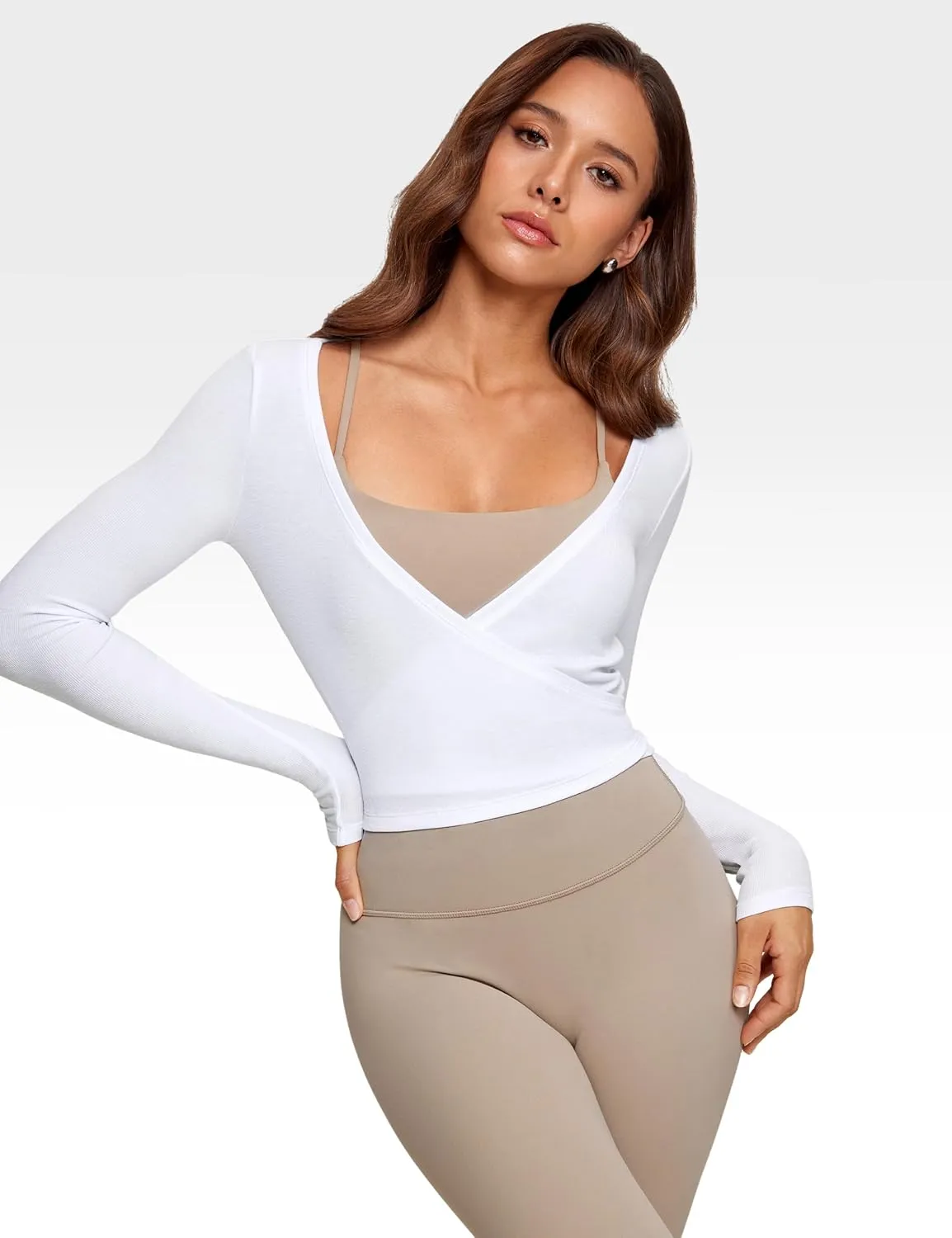 Womens V-Neck Long Sleeve Cross Wrap Top Slim Fit Soft Knit Layering Shirt Casual Yoga Gym Bandage Tie Tops