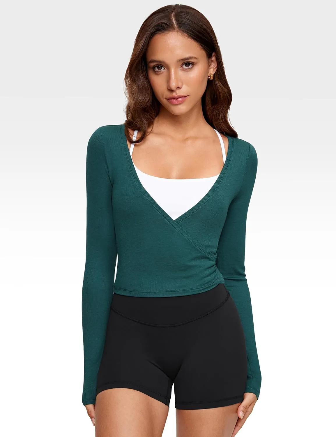 Womens V-Neck Long Sleeve Cross Wrap Top Slim Fit Soft Knit Layering Shirt Casual Yoga Gym Bandage Tie Tops