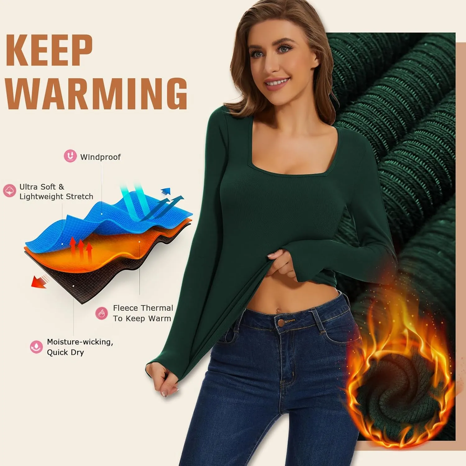 WOWENY Womens Long Sleeve Thermal Shirts Square Neck T Shirts Underwear Tops Basic Fitted Tees