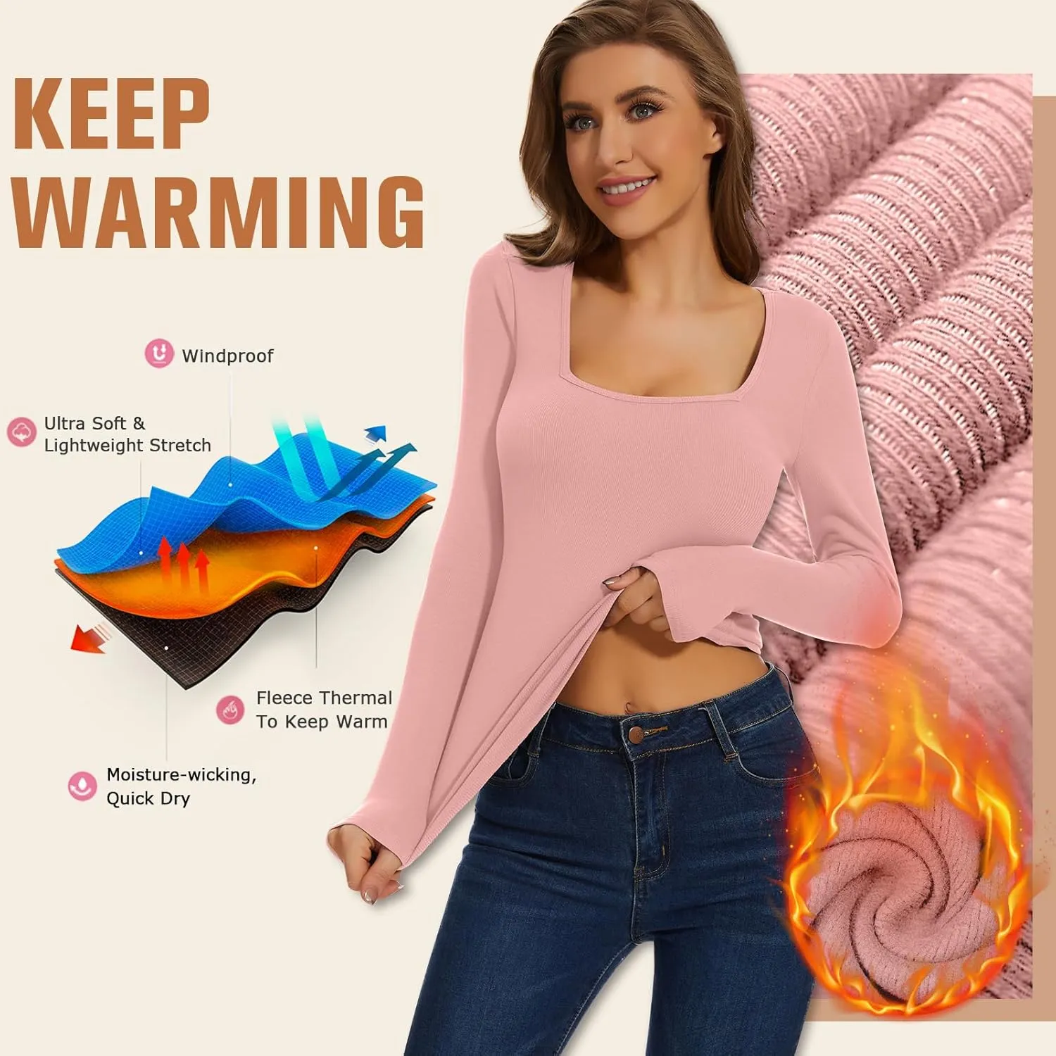 WOWENY Womens Long Sleeve Thermal Shirts Square Neck T Shirts Underwear Tops Basic Fitted Tees