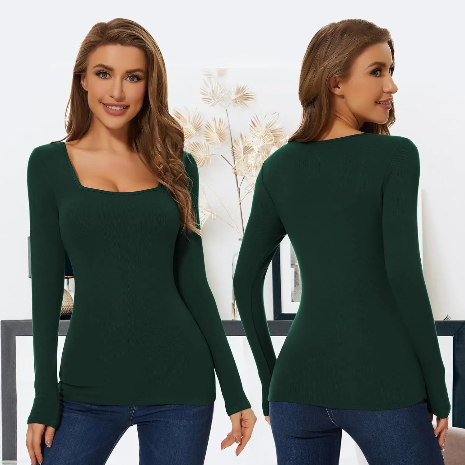 WOWENY Womens Long Sleeve Thermal Shirts Square Neck T Shirts Underwear Tops Basic Fitted Tees