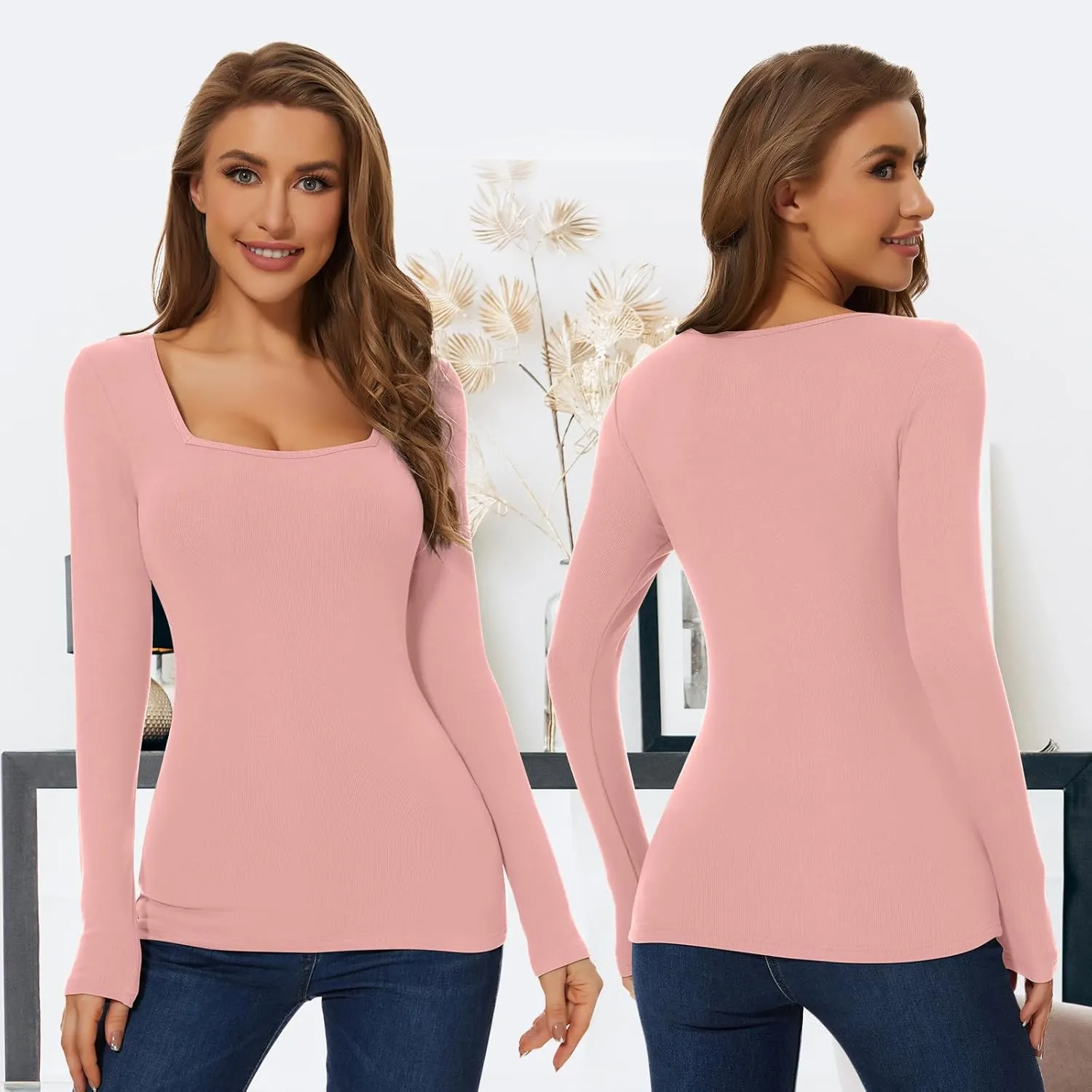 WOWENY Womens Long Sleeve Thermal Shirts Square Neck T Shirts Underwear Tops Basic Fitted Tees