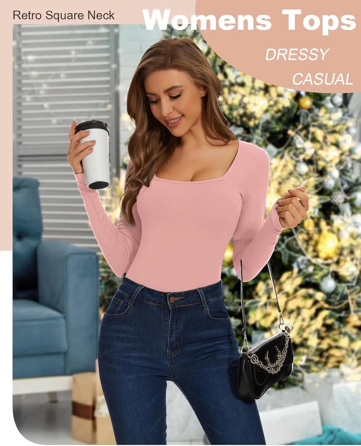 WOWENY Womens Long Sleeve Thermal Shirts Square Neck T Shirts Underwear Tops Basic Fitted Tees
