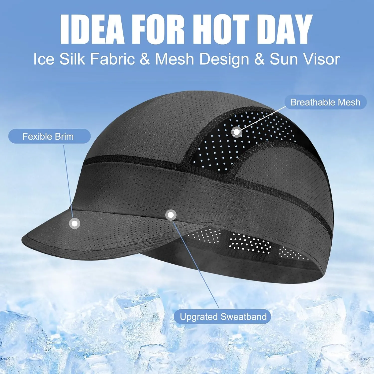 XXL Cooling Cycling Cap Skull Caps Under Helmet Mesh Hats with Sun Visor for Big Head Bike Hard Hat Liner for Men