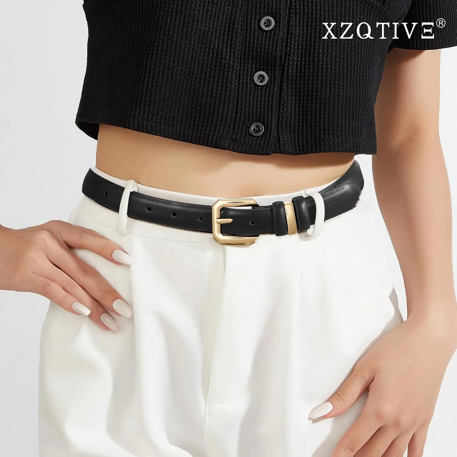 XZQTIVE Women Leather Belt for Jeans Pants Dresses Fashion Ladies Skinny Leather Belt with Silver Buckle